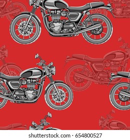 Motorcycle seamless pattern, vector background. Monochrome illustration. Black and white motorcycles with many details on a red background. For wallpaper design, fabric, wrappers, decorating