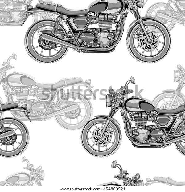 Motorcycle\
seamless pattern, vector background. Monochrome illustration. Black\
and white motorcycles with many details on a white background. For\
wallpaper design, fabric, wrappers,\
decorating