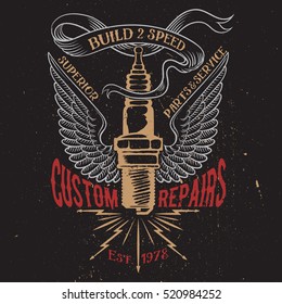 Motorcycle service hand drawing logo. Spark with wings. Vintage typography art for tee shirt print,clothes,apparel.