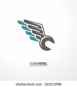 Motorcycle service and repair symbol template. Wrench tool with wings creative logo design layout. Garage icon concept. Transportation theme. Help on the road.