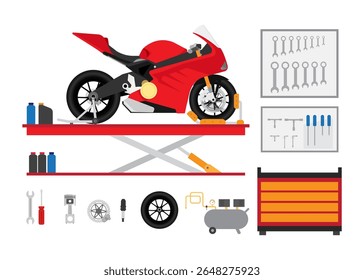 Motorcycle service and repair vector icon set. service motorcycle in the garage. Vector illustration. Stock Illustration