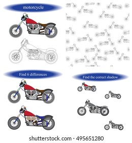 Motorcycle. Set of  coloring book for children.