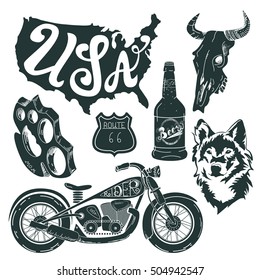 Motorcycle set of isolated icons with recognizable objects and attributes of bikers. Vector illustration. EPS 10