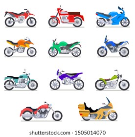 Motorcycle set. Motorbike and scooter, bike and chopper. Motocross and delivery vehicles side view isolated vector flat icons