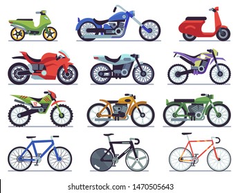 Motorcycle Set. Motorbike And Scooter, Sport Bike And Chopper. Motocross Race And Delivery Vehicles Side View Isolated Vector Flat Motorcycling Icon Set On White Background