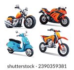 Motorcycle set vector cartoon illustration. Chopper, sport bike, scooter, motocross isolated on white background
