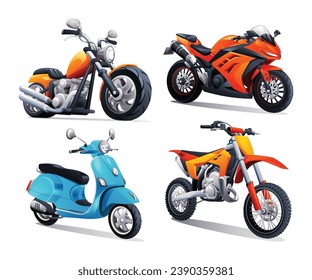 Motorcycle set vector cartoon illustration. Chopper, sport bike, scooter, motocross isolated on white background