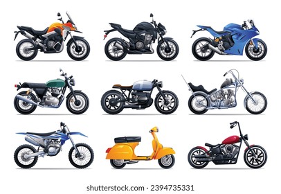 Motorcycle set vector illustration. Motorbike collection in various types