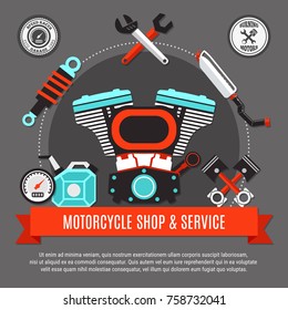 Motorcycle shop and service design concept with engine pistons speedometer exhaust wrench decorative icons flat vector illustration 