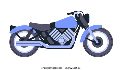 Motorcycle side view in blue tones showcasing sleek design and mechanical details on a white background. Ideal for website design or digital art