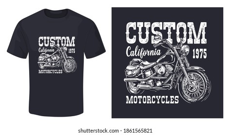 Motocicleta. Vista lateral. Bicicleta de helicóptero clásica dibujada a mano con estilo de grabado. Ilustración monocromática vectorial aislada en el fondo negro. Para el club de ciclismo de afiches y camisetas.