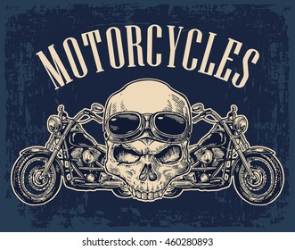 Motorcycle side view and skull with glasses. View over the handlebars. Vector engraved illustration isolated on dark vintage background. For web, poster club.