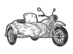 Motorcycle With A Sidecar. Engraving Vector Illustration. Sketch Scratch Board Imitation.