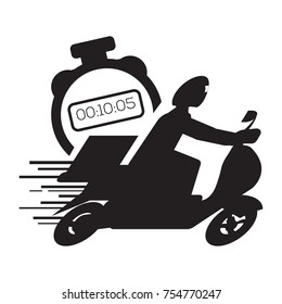 Motorcycle silhouette with a man and a timer, Delivery icon, Vector illustration
