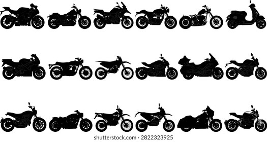 Motorcycle Silhouettes in Black on White Background, Row of Different Bike Styles for Transport and Design Concepts