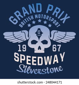 Motorcycle Silverstone racing typography, t-shirt graphics, vectors, skull 