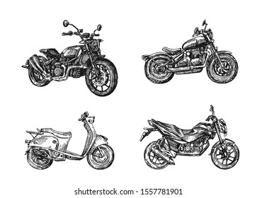 Motorcycle sketch vector illustrations  set. Hand drawn style picture could be used for web,  bike club, phone case, t-shirt, etc