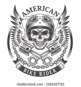 Motorcycle skull with helmet, goggles, pistons and wings. Vintage typography and layout vector illustration