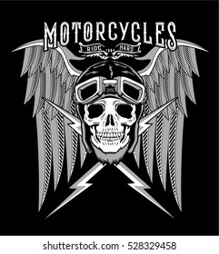 Motorcycle with skull, helmet,wings.Tattoo design and t shirt printing