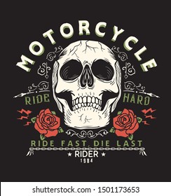 Motorcycle, skull and roses graphics work.Tattoo design and t shirt printing