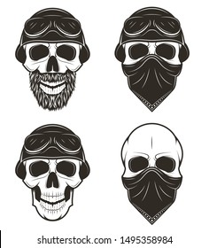 Motorcycle skull set, vector hand drawn illustration isolated on white background. Monochrome skull in helmet, goggles and cycling mask face scarf. Biker t-shirt graphics.