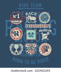 Motorcycle speedway kids racing team cute vector print for kid children wear shirt with badge labels collection