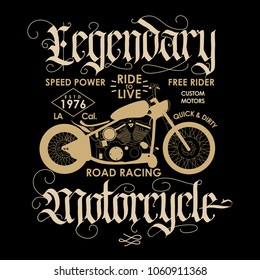 Motorcycle sport emblem, Biker fashion Typography, t-shirt apparel stamp, sticker emblem, typography print, fabric cloth. Gothic Calligraphy. Hipster retro badge. Vector