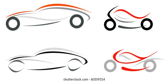 Motorcycle and sportive car on white background - vector isolated illustration. Modern vehicles.