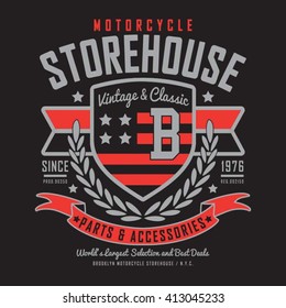 Motorcycle store house typography, t-shirt graphics, vectors
