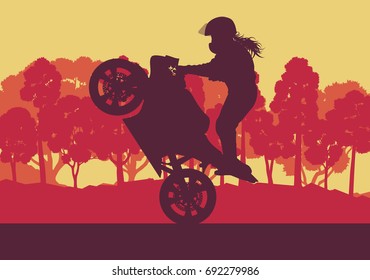 Motorcycle stunt driver vector background with trees and sunset
