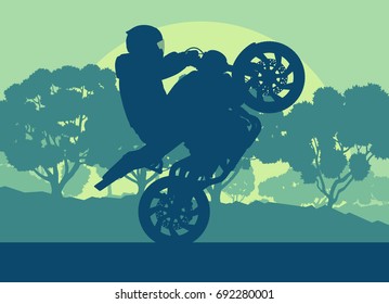 Motorcycle stunt driver vector background with trees and sunset