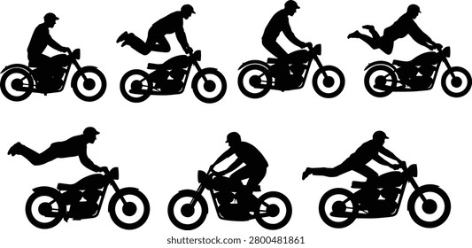 Motorcycle stunt silhouette set with riders performing acrobatic tricks for extreme sports artwork