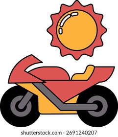 A motorcycle with a sun on it. The sun is shining brightly and the motorcycle is parked. Concept of freedom and adventure, as the motorcycle is a symbol of travel and exploration