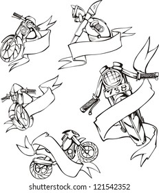 Motorcycle templates with ribbons. Set of black and white vector illustrations.