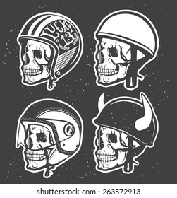 Motorcycle Themed handmade drawing helmets with skull. Helmets set.