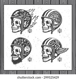 Motorcycle Themed handmade drawing helmets with skull. Helmets set.