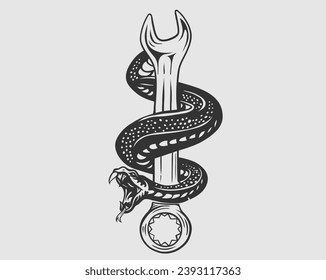 Motorcycle themed t-shirt design template with snake holding a wrench