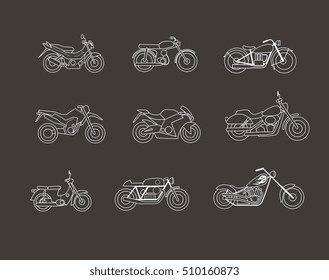 iconos de contorno delgado de motocicleta, ilustración vectorial