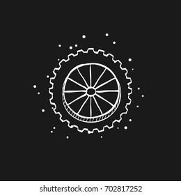 Motorcycle tire icon in doodle sketch lines. Motorcycle motorbike wheel transportation off road terrain