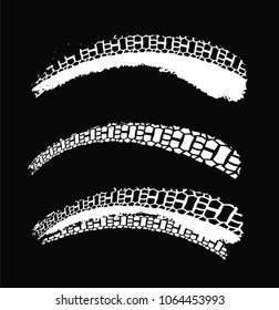 Motorcycle tire tracks vector illustration. Grunge automotive element useful for poster, print, flyer, book, booklet, brochure and leaflet design. Editable image in white color on a black background.