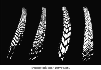 Motorcycle tire tracks vector illustration. Grunge element useful for poster, print, flyer, book, booklet, brochure and leaflet design. Editable image in white color isolated on a black background.