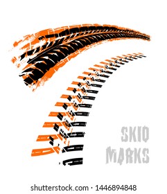 Motorcycle tire tracks vector illustration. Grunge background element useful for poster, print, flyer, book, booklet, brochure and leaflet design. Editable graphic image in black and orange colors.