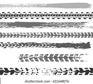 Motorcycle tire tracks vector illustration. Grunge automotive background element useful for poster, print, flyer, book, brochure and leaflet design. Editable graphic image in white and grey colors.