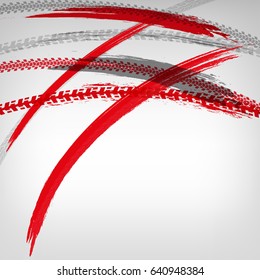 Motorcycle tire tracks vector illustration. Grunge automotive background element useful for poster, print, flyer, booklet, brochure and leaflet design. Editable graphic image in red and grey colors.