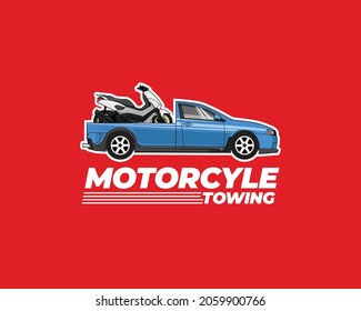 Motorcycle towing logo icon sign banner poster cartoon style vector illustration