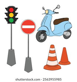 motorcycle and traffic light on a white background vector illustration art