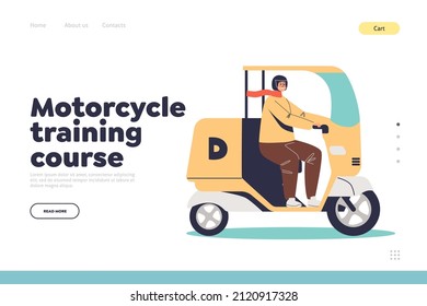 El concepto de la página de aterrizaje del curso de formación en motocicleta con motocicleta eléctrica de conducción masculina. Motociclista joven en viaje en moto. Motociclista masculino. Dibujo vectorial plano de dibujos animados
