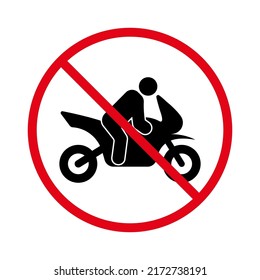 El transporte en motocicleta prohíbe el icono de silueta negra. Pictograma de motociclista prohibido. Símbolo del círculo del paro rojo de la motocicleta. No se permite conducir moto. Prohibir la señal de Moto Road. Ilustración de vectores aislados.