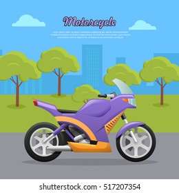 Motorcycle. Transport. Travelling. Contemporary violet motorcycle on road in big city. Two-wheeled vehicle with fuel economy. Convenient mean of transportation. Green trees and high buildings. Vector