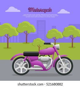 Motorcycle. Transport. Travelling. Contemporary violet motorcycle on road in big city. Two-wheeled vehicle with fuel economy. Convenient mean of transportation. Green trees and high buildings. Vector